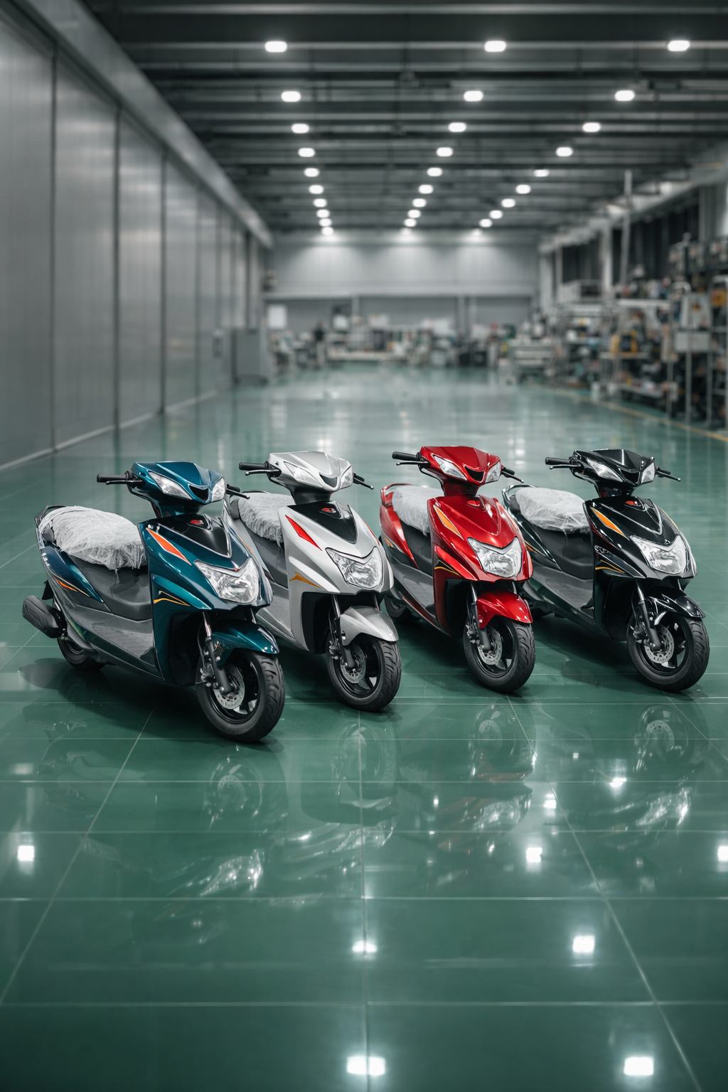 Row of Dream EV electric scooters in blue, silver, red and black parked inside a factory