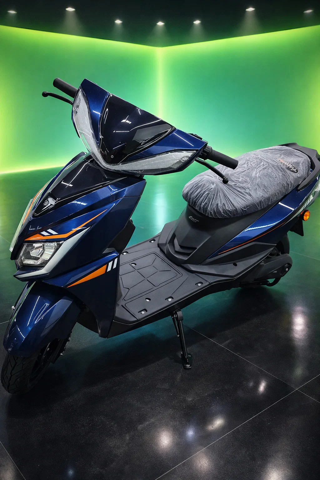 Blue Dream EV electric scooter displayed in a modern showroom with green background lighting
